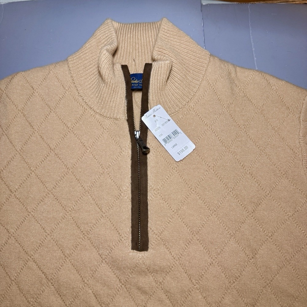 Brooks Brothers NWT Men L Heavyweight Merino Cashmere 1/4 Zip Italian Yarn Beige